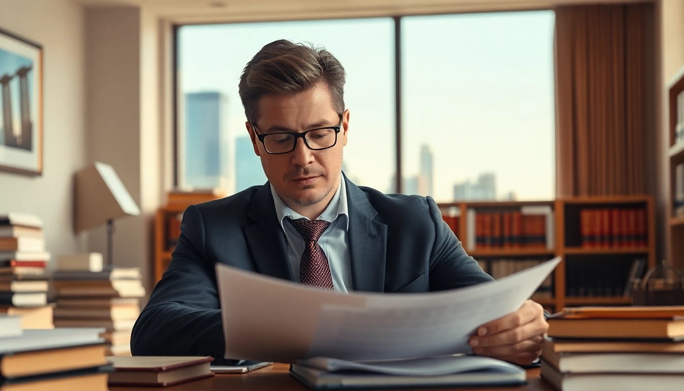 Experienced eminent domain lawyer reviewing property documents in a professional office setting.