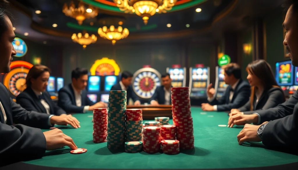 Experience the thrill of s88 vip poker at a luxurious casino table, with vibrant chips and a spinning roulette wheel.
