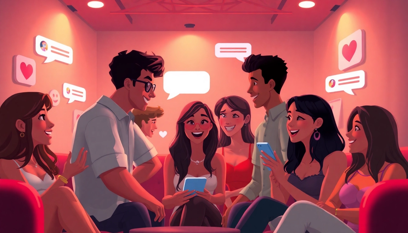 Porn chat scene highlighting diverse characters engaging in dynamic conversations with interactive elements
