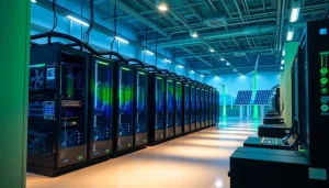 Dynamic view of a crypto mining site featuring advanced technology and renewable energy sources.