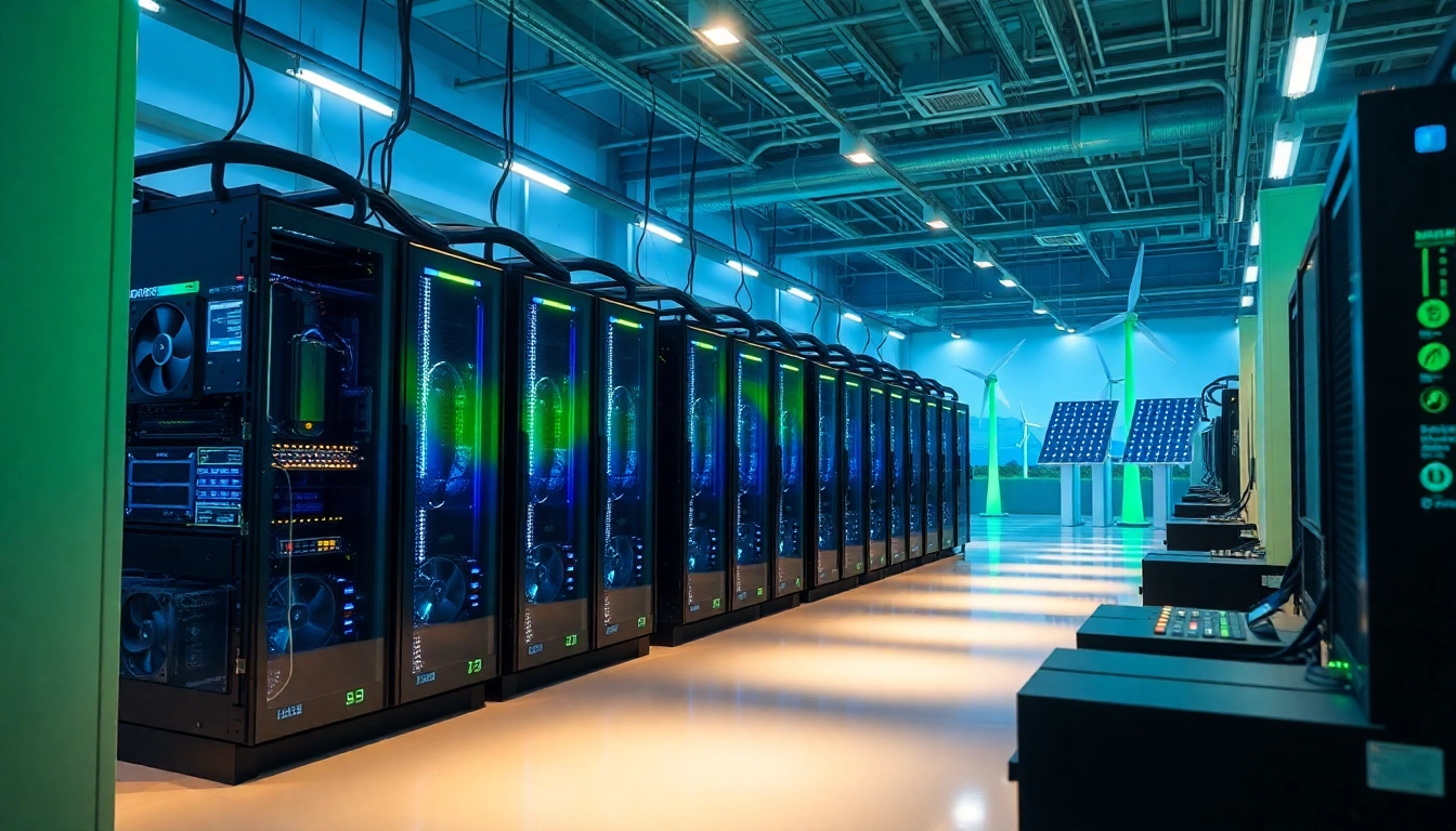 Dynamic view of a crypto mining site featuring advanced technology and renewable energy sources.
