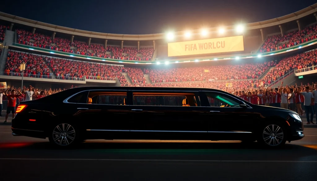 Premium World Cup Group Transportation in a luxury limousine outside the stadium, capturing excitement and comfort.