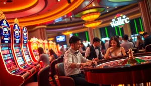 Excited players engaging with the F8BET online casino gaming platform, showcasing vibrant gaming elements.