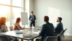 Engaging business coach los Angeles sharing insights with diverse entrepreneurs in a modern office.