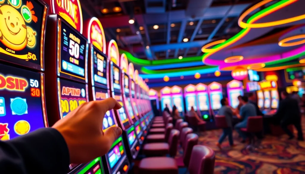 Slot bet 50 dengan taruhan yang tinggi dan suasana kasino yang ramai dan ceria.