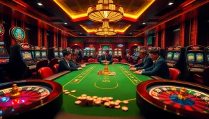 Play poker at a vibrant 888b online casino table surrounded by exciting gaming elements.