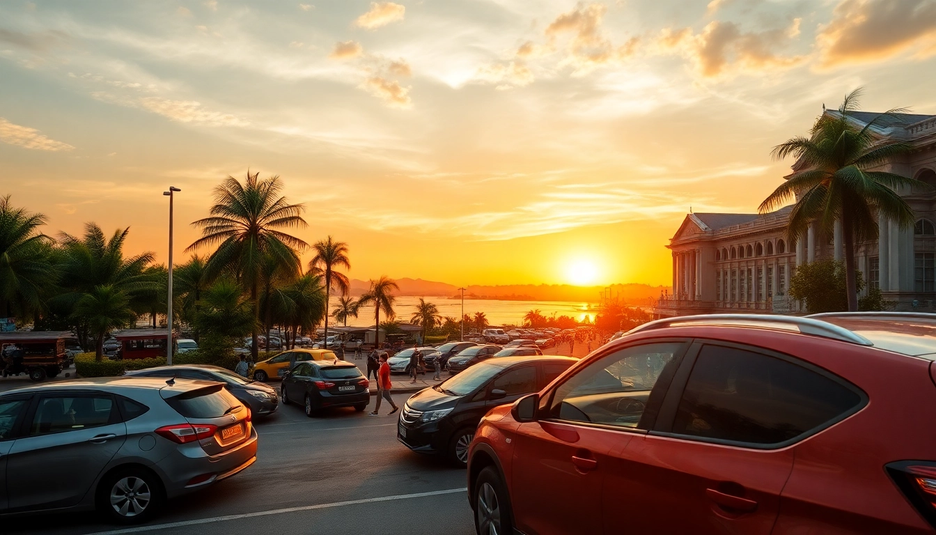 Kuching rent car scene showcasing rental vehicles against a beautiful Kuching sunset by the waterfront.