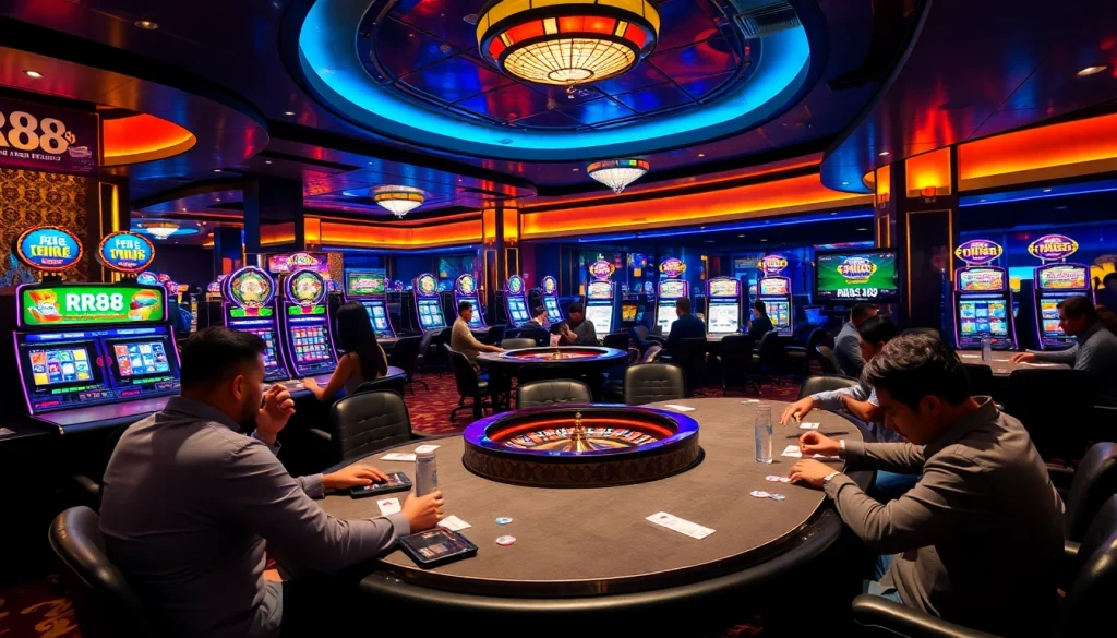 Players enjoying various games at RR88's lavish casino environment filled with excitement.