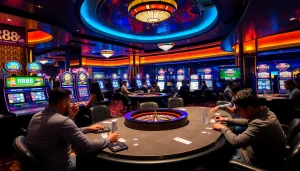 Players enjoying various games at RR88's lavish casino environment filled with excitement.