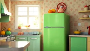 Showcase retro appliances including a pastel green refrigerator and vintage stove in a bright kitchen.