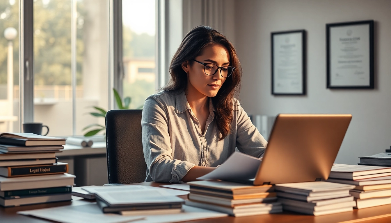Focused translator juramentado working efficiently in a modern office.