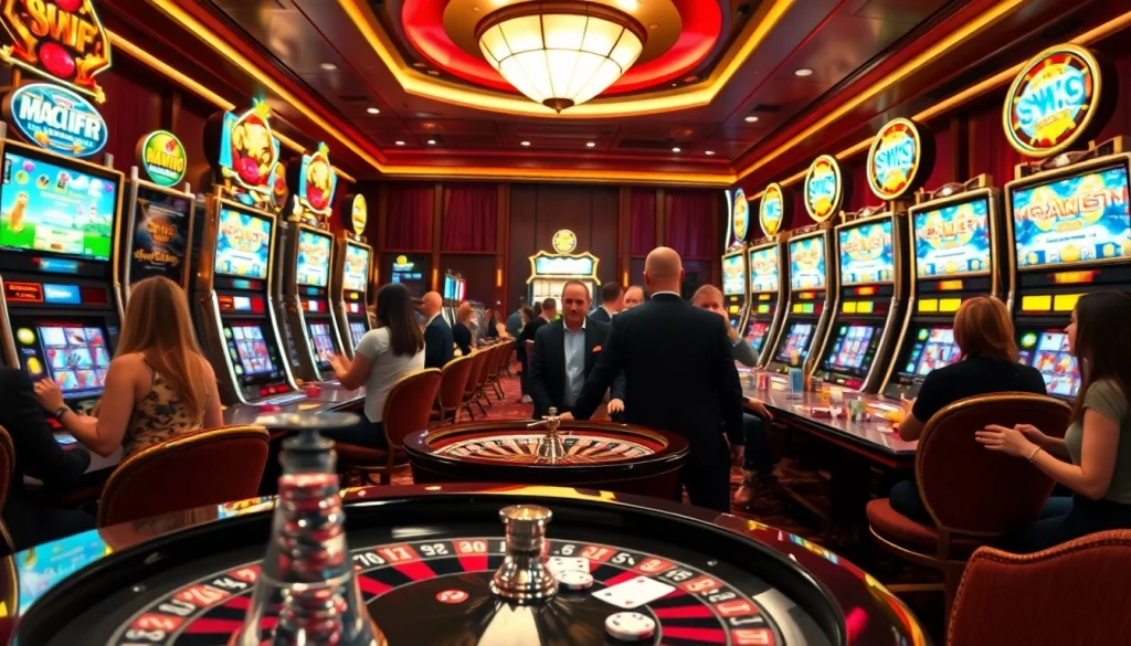Players enjoying Situs Slot Gacor at a vibrant casino with bright slot machines and engaging games.