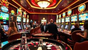 Players enjoying Situs Slot Gacor at a vibrant casino with bright slot machines and engaging games.