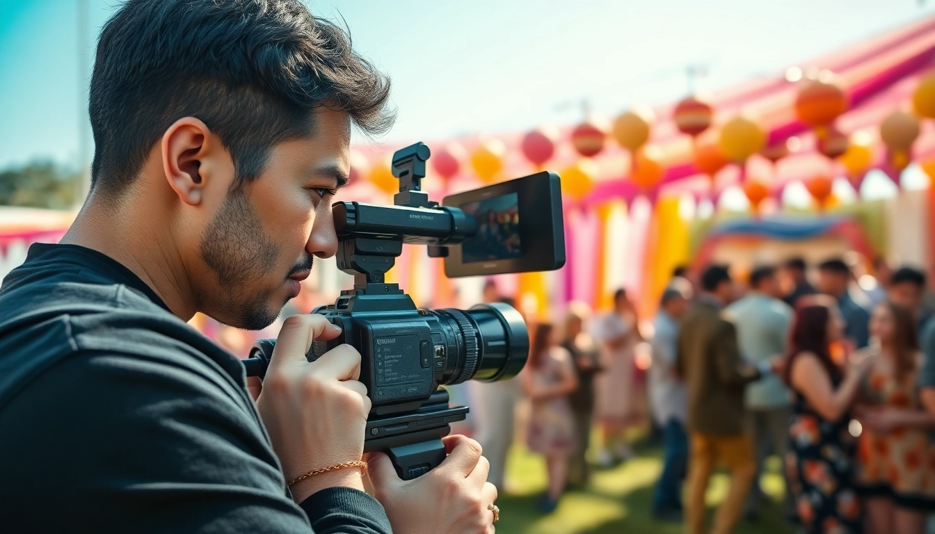 Videographer capturing vibrant outdoor event with handheld camera, showcasing creativity.