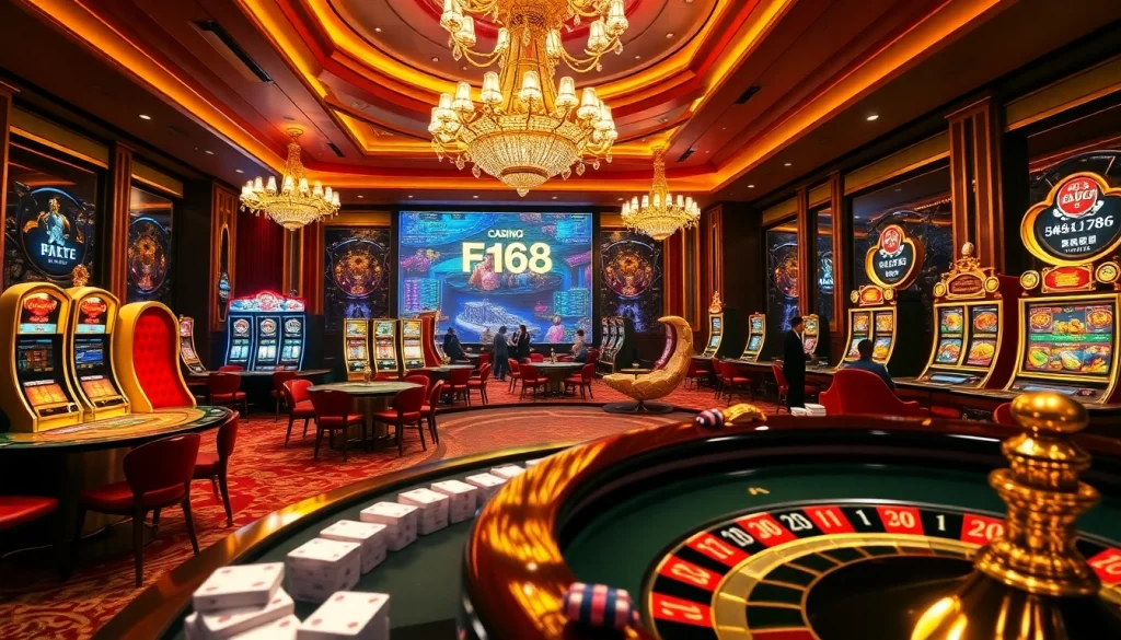 Experience the thrill of "ลิงก์ F168" with vibrant casino action, showcasing strategic gameplay at tables and slots.