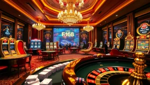 Experience the thrill of "ลิงก์ F168" with vibrant casino action, showcasing strategic gameplay at tables and slots.