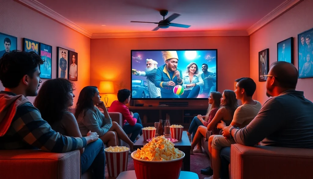 Enjoy a group movie night featuring filme online gratis in a cozy living room setting.