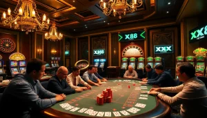 Exciting gameplay at XX 88 casino poker table filled with colorful chips and cards.