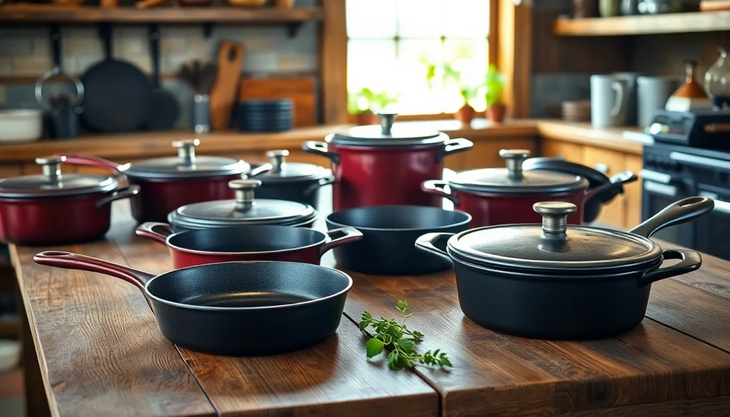 Showcase of cast iron cookware NZ highlighting skillets and Dutch ovens on a wooden table.