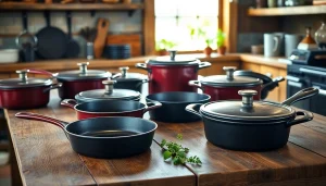 Showcase of cast iron cookware NZ highlighting skillets and Dutch ovens on a wooden table.