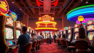 Gambarkan slot mahjong yang menarik di kasino dengan pemain bersemangat.