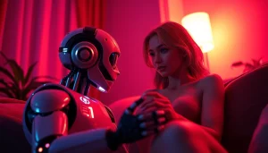 Engaging scene of ai sexting with a playful AI chatbot in warm, inviting colors.
