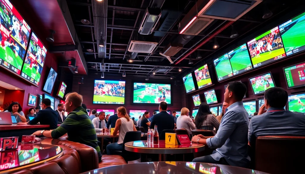 Engaging scene of sports betting Canada, showcasing diverse people in an energetic atmosphere.