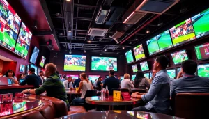 Engaging scene of sports betting Canada, showcasing diverse people in an energetic atmosphere.