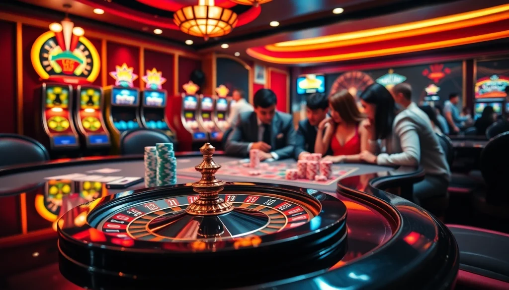 Experience the vibrant atmosphere of a 슬롯커뮤니티 at a luxury casino table with engaging players.