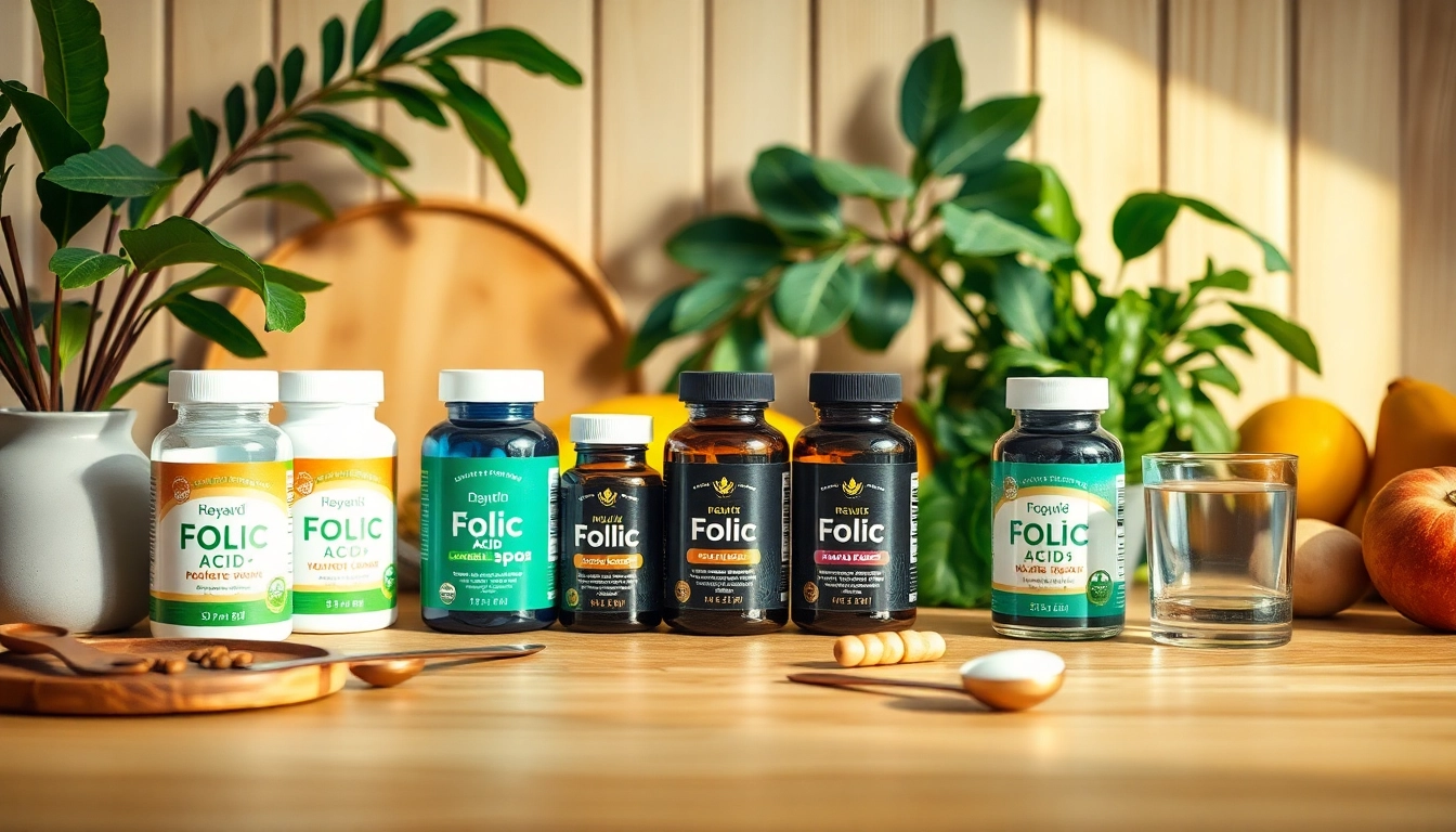 サプリメントと新鮮な野菜が並ぶ活気あるウェルネス空間で、トップ葉酸サプリ おすすめを探す。