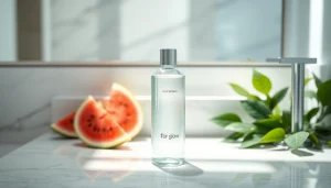 Toner för glow i en elegant badrumsinredning med vattenmelon och växter som främjar fräschör och återfuktning.