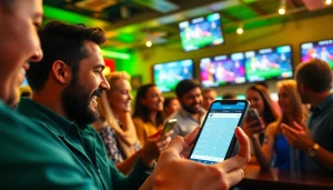 Engaged fans discussing sports betting Texas in a lively bar with mobile apps.