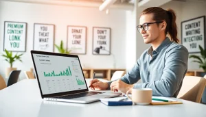 Showcase how to sell premium content links with a content creator in a vibrant workspace.