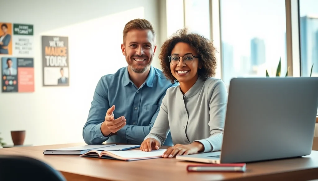 Engaging business coaching service session between a coach and client in a bright office.