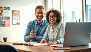 Engaging business coaching service session between a coach and client in a bright office.