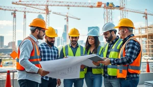 Austin construction team collaborating on a site with modern tools and diverse professionals focusing on productivity.