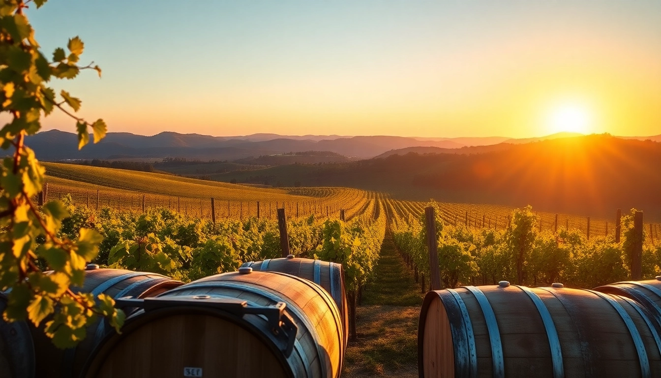 Explore the serene ambiance of clarksburg wineries surrounded by lush vineyards at sunset.