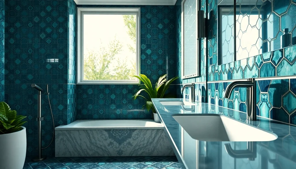 Carreaux Zellige dans une salle de bains moderne mettant en valeur des motifs complexes et des couleurs vives.