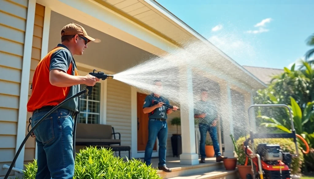 Pressure wash team cleaning home exterior in Kissimmee, FL
