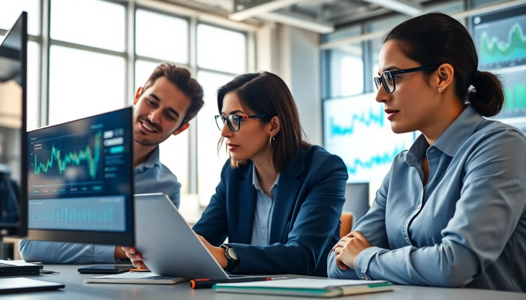 Analyze competitive intelligence data in a modern office with dynamic charts and focused professionals.