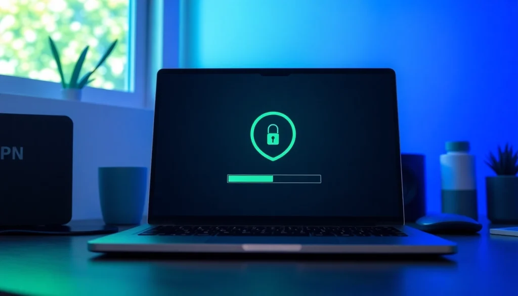 Download free VPN setup on a laptop with a progress bar, ensuring online safety and privacy.