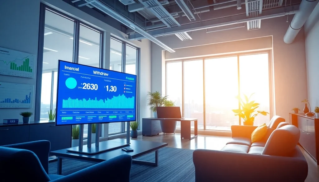 Financial office showcasing BOX138 withdrawal metrics on a digital screen.