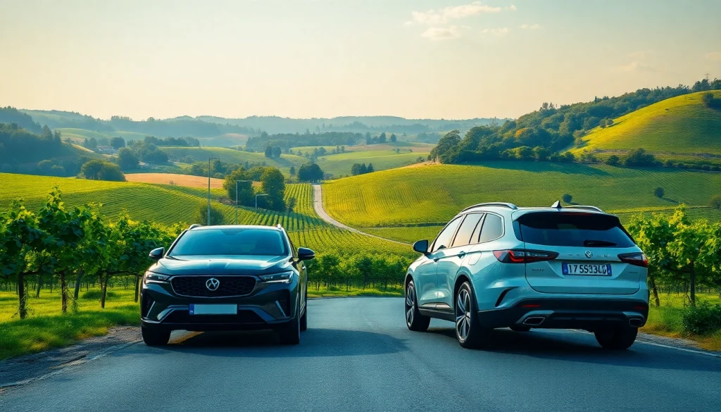 Rent a car Moldova image featuring a scenic view of Chisinau with a modern vehicle among vineyards.