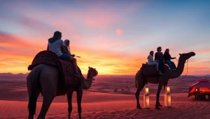 Agafay desert camel ride and dinner with a show during a colorful sunset, showcasing vibrant landscapes and cultural experiences.