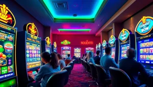 Kode4d online gaming scene with vibrant slot machines and excited players.