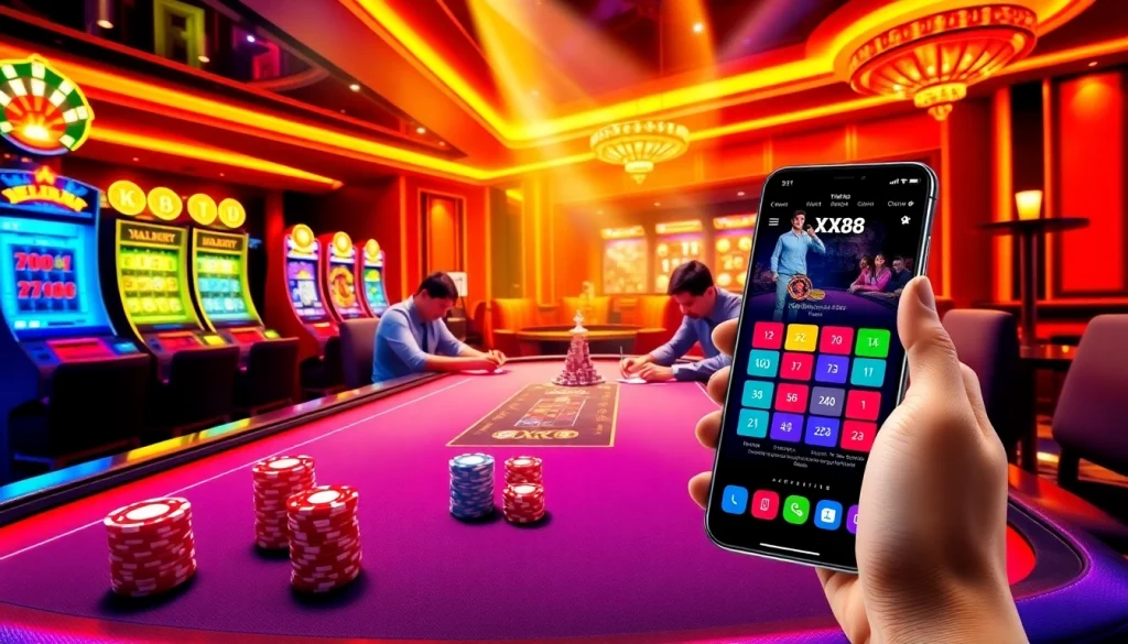 Players strategizing at a poker table in a luxury casino environment with the XX88 app featured.