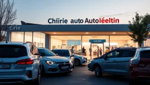 Chirie auto ieftin at a modern car rental center in Chișinău, featuring various vehicles and friendly staff.