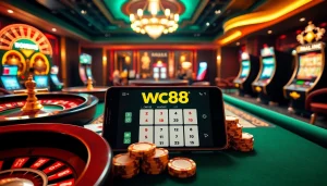 An exciting scene of W88 online gambling showcasing a mobile device interface amidst casino tables and vibrant betting chips.