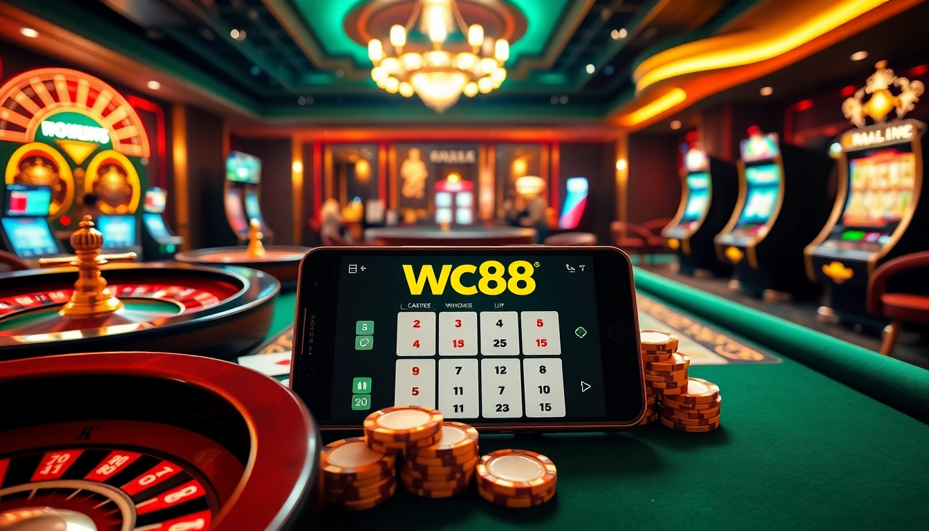An exciting scene of W88 online gambling showcasing a mobile device interface amidst casino tables and vibrant betting chips.