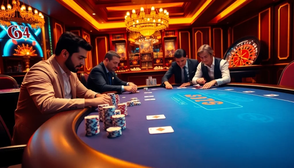 Engaging players strategizing at a poker table with a vibrant new 66 gambling interface.